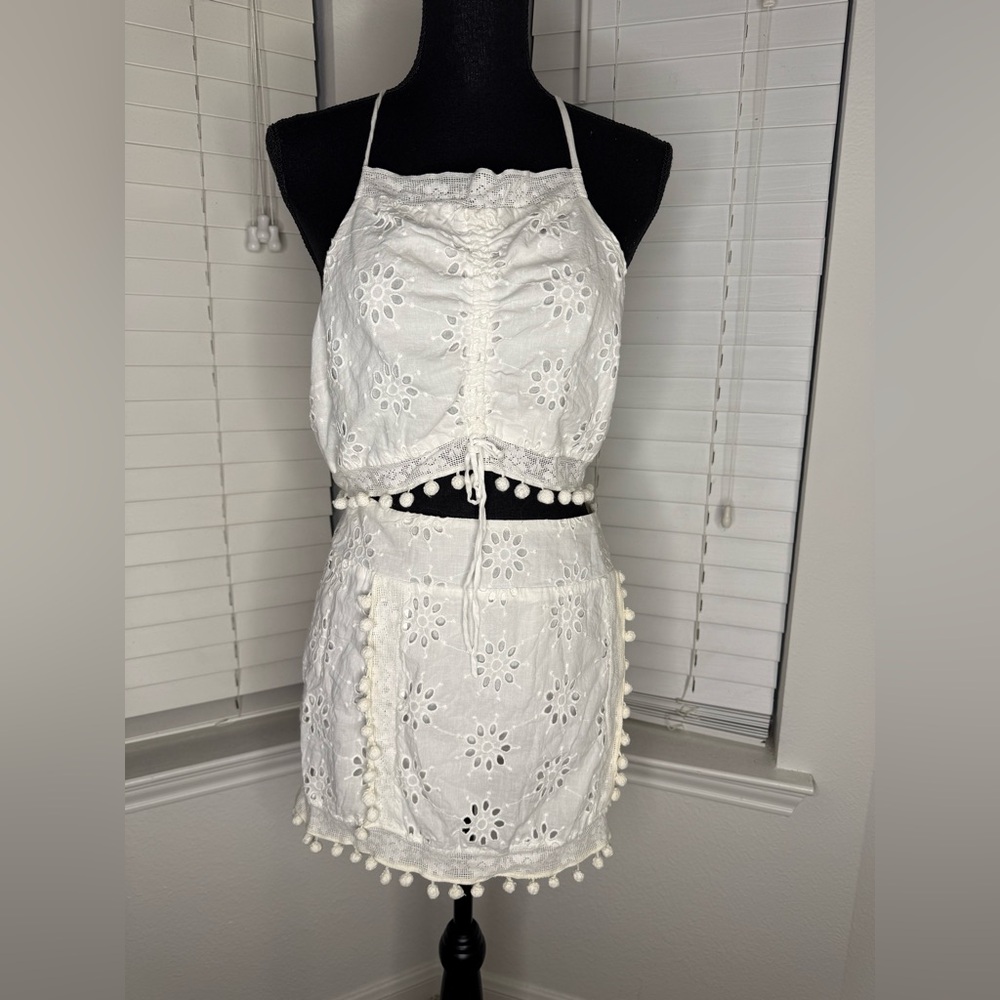 Tularosa White Eyelet Skirt Set with Pom-Pom Detail